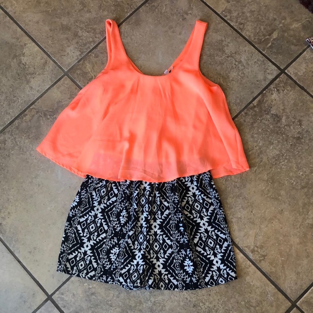 Coral and black and white Aztec romper